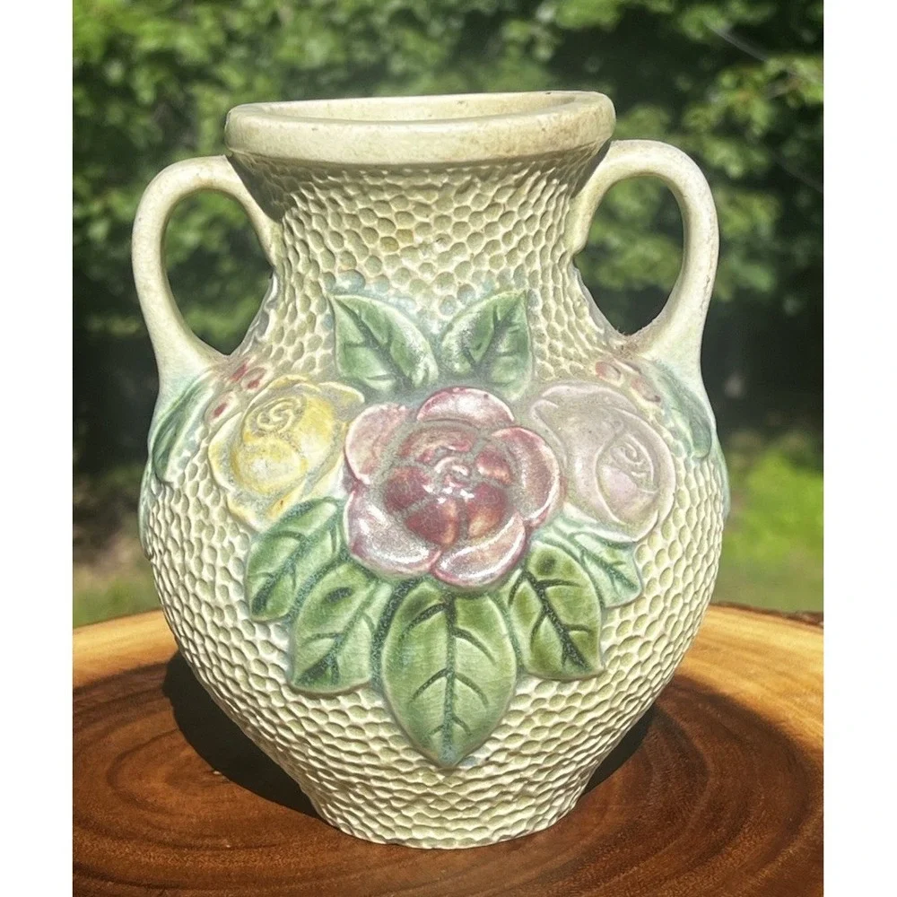 Antique Roseville Rozane Double Handle Roses Floral Art Pottery Vase 6.5